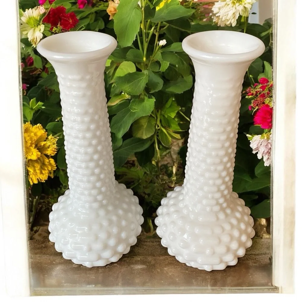 Vintage EO Brody White Milk Glass Hobnail Bud Vases Pair MCM